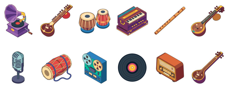 Musical instrument icons set. Traditional and vintage music concept. Includes gramophone, sitar, tabla, harmonium, flute, tanpura, microphone, dholak, reel-to-reel, vinyl record, radio
