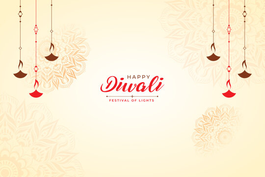 A festive Happy Diwali background featuring elegant hanging oil lamps (diyas), subtle floral mandala patterns, and a warm cream-to-golden gradient.