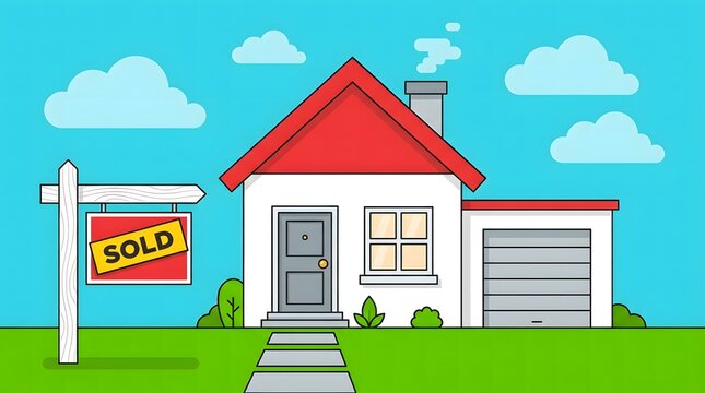 Modern residential house with sold sign and front path, property