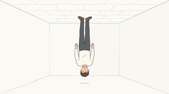 Surreal Illustration of a Man Defying Gravity, Floating Upside Down in a Minimalist White Room