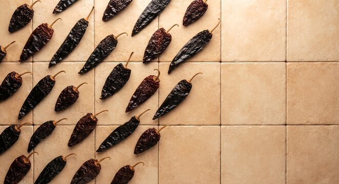 Dried Chipotle and Pasilla Chili Peppers on Ceramic Tile, Culinary Background for Food Marketing