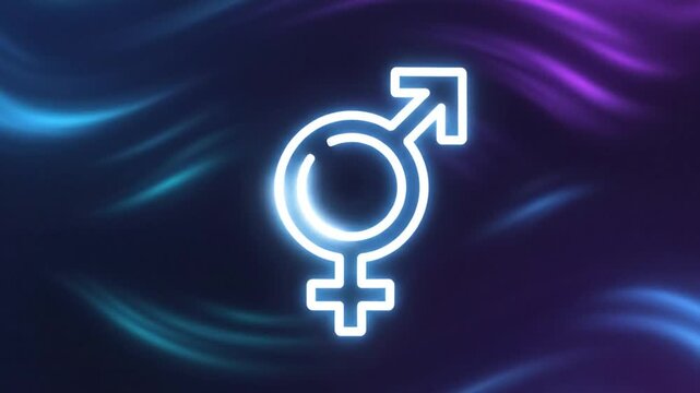 Neon transgender symbol over abstract background with colorful flowing lights, representing gender identity and inclusivity.