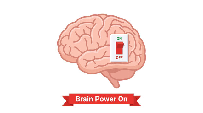 Detailed vector illustration of a human brain featuring a bright red power switch on side