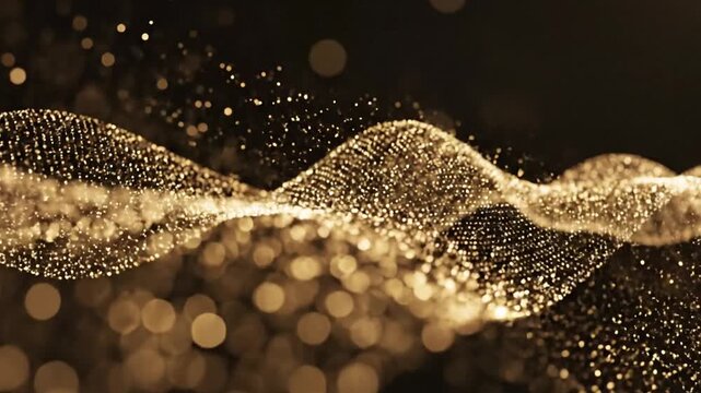 Golden particles form a wavy line against a dark background with blurred lights.