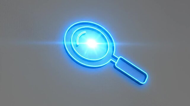 Bright blue neon glowing magnifying glass icon on gray textured background, searching concept