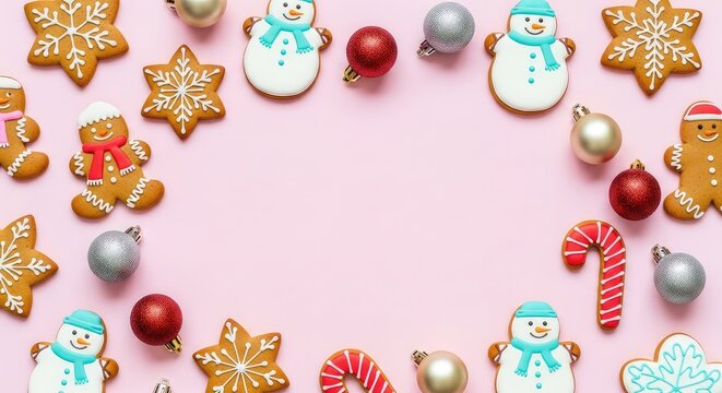 A soft pastel pink holiday background featuring decorated gingerbread cookies, festive ornaments, and ample empty area for custom text, snack, icing, cheerful