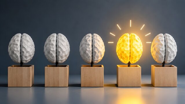 Glowing yellow low poly brain standing out among grey brains in wooden planters representing unique ideas and creative intelligence