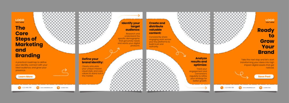 Modern Seamless Carousel Template for Social Media Marketing and Brand Identity Strategy Orange and White, Editable AI file