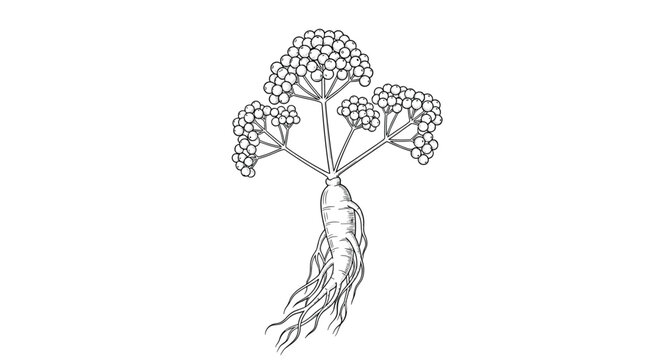 Detailed botanical drawing of a ginseng plant featuring the characteristic medicinal root and clusters of berries on white background.