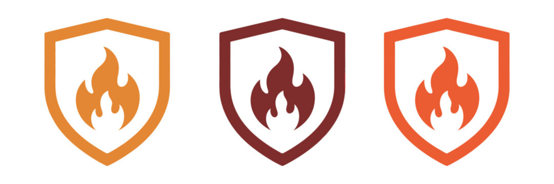 Fire shield icons featuring flame protection symbols with clean minimalist vector graphics for fire safety, emergency services, insurance, hazard prevention, and security applications.