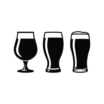 Three distinct black silhouette of beer glasses, including a stemmed glass, a curved pint glass, and a tall straight glass, on white background