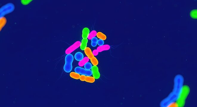 A stunning microscopic view of various glowing bacteria and vibrant microorganisms in bright neon hues floating on a deep blue background, blue, macro, pathogens