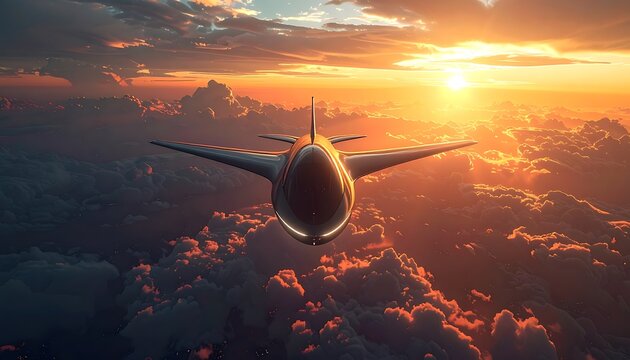 Airplane flying through sunset clouds high.