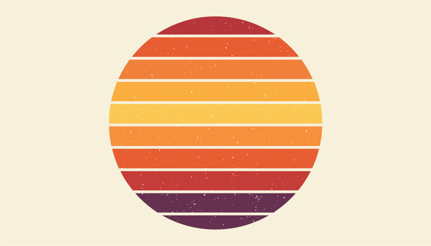 Vintage sunset circle with horizontal stripes of warm colors and distressed grunge texture in a retro style.