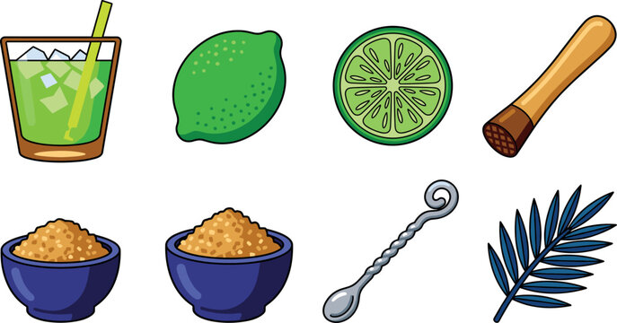 Caipirinha cocktail ingredients lime brown sugar muddler spoon vector illustration collection set isolated on transparent background.