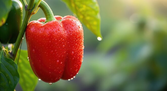 A vibrant red bell pepper hangs from a leafy plant in a sunlit garden, covered in fresh morning dew drops glistening under the soft light, plant, vegetation, dew
