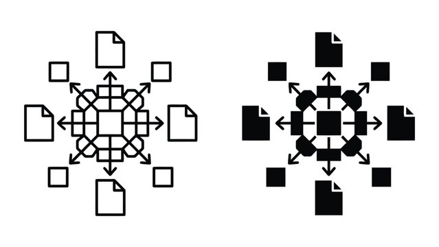 File distribution and information data management system icon set with document