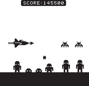 Playing a retro arcade game with a pixelated spaceship and alien enemies, Generative Ai
