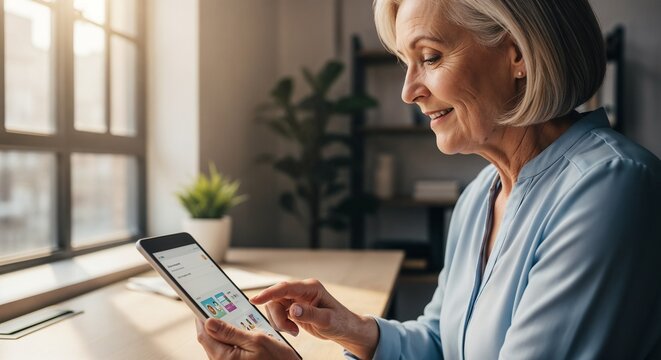 Senior woman checking email on tablet in modern office space with bright window light. Elderly businesswoman utilizes technology for communication at work.