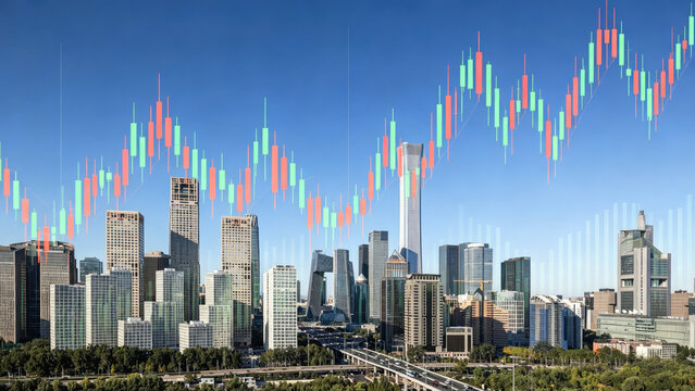 Urban Cityscape with Stock Market Candlestick Chart Overlay
