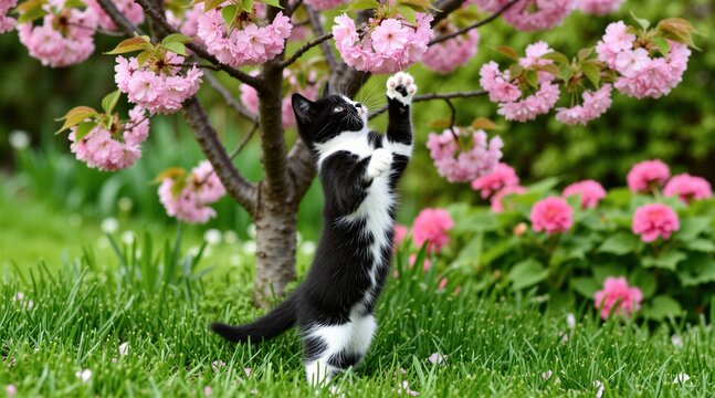 Small black, white kitten stands on hind legs reaching for pink cherry blossoms in garden. Cute young cat plays under blooming tree at spring day. Furry pet jumps to catch flower on branches in park