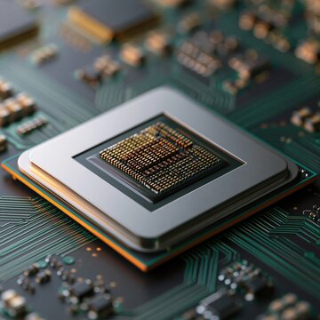 Microchip on circuit board, semiconductor technology concept