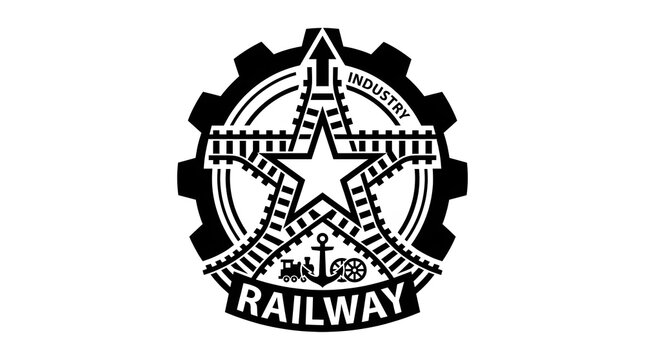 Vintage railway industry emblem with locomotive and gear design