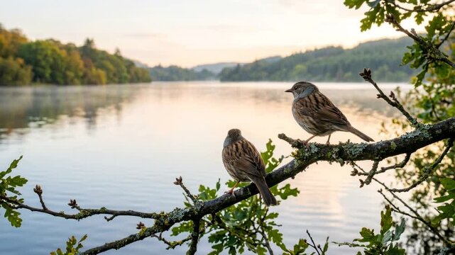 two dunnock birds in european countryside perched on branches at morning light video