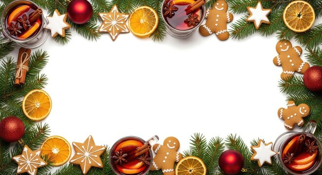 Festive holiday border featuring a glass of mulled wine, gingerbread cookies, green fir branches, dried orange slices, and red ornaments, cookies, star anise, fir