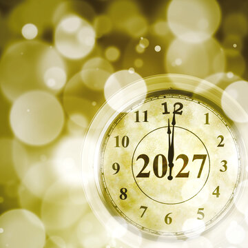 Countdown to New Year 2027 with a clock on golden bokeh background