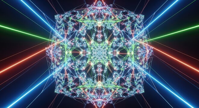 Glowing neon pathways weave through an infinite geometric dimension where complex mathematical fractals emit a soft ethereal light in space, digital, mysterious, wallpaper