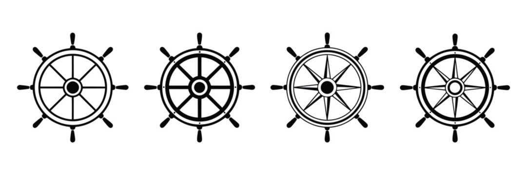 Boat helm steering wheel icons featuring flat maritime navigation symbols with clean minimalist vector graphics for marine transport, sailing, nautical adventure, and ship control concepts.