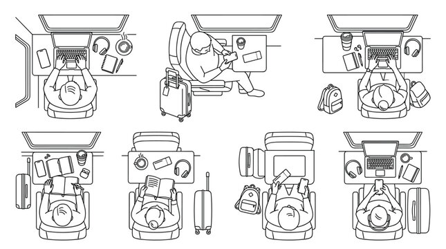 Passengers traveling on a train working and relaxing, top view outline vector illustration set
