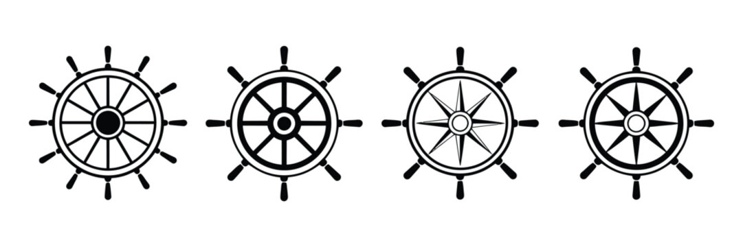 Boat helm steering wheel icons illustrating maritime navigation, sailing, and ship steering symbols with clean flat vector graphics for marine transportation, nautical branding, and ocean adventure th