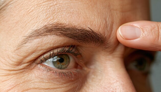 Close-up of eye with finger touching eyelid, health and care