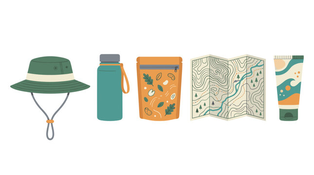 Hiking and camping gear flat vector illustration set with bucket hat, water bottle, trail mix, map, and sunscreen