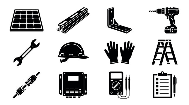 Solar panel installation and maintenance tools glyph vector icon set