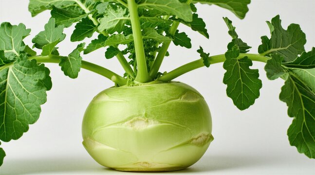 Fresh kohlrabi vegetable with green leaves stems sits on white background. Raw organic round plant produce isolated for cooking healthy meal. Whole edible bulb ingredient for vegan diet nutrition.