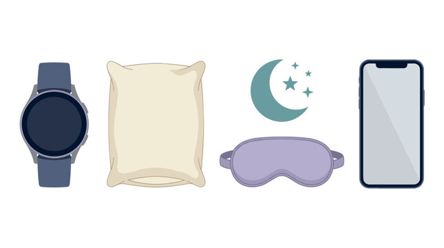 Healthy sleep habits and tracking vector illustration set with smartwatch, pillow, sleeping mask, moon, and smartphone