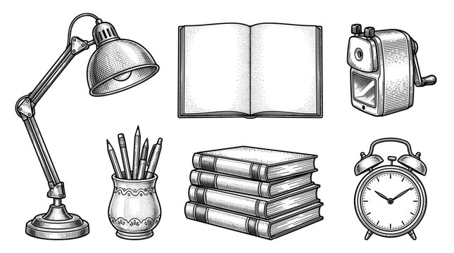 Vintage school and study supplies vector illustration set in engraving style