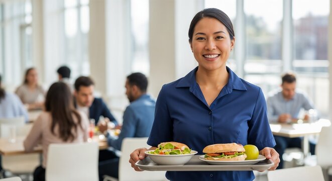 Smiling employee in cafeteria holding tray with fresh lunch, offering healthy food options. Cheerful employee in cafeteria ready to serve meals to colleagues.