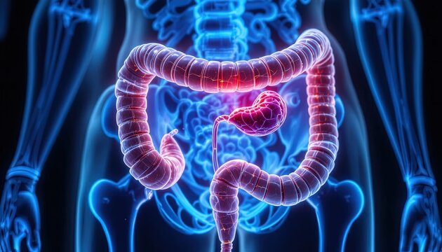 Human digestive system showcasing the large intestine and appendix in glowing detail.