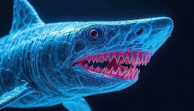 Fierce marine predator exhibits glowing, illuminated teeth in a dark abyss.
