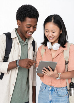 Cheerful diverse young students looking at digital tablet together on white background