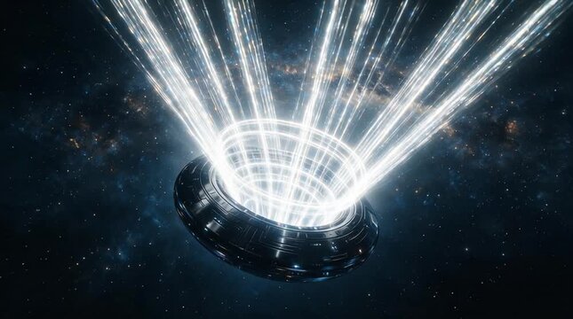 Futuristic metallic ring glowing light beam in space with dark background digital rendering, circular portal energy stream, luminous sci fi abstract technology, cosmic star field, black metal object