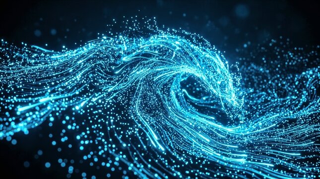 Abstract blue digital wave made of glowing particles, representing data flow, AI, and futuristic technology concepts.