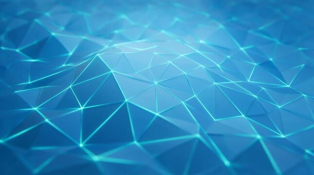 Abstract blue geometric digital landscape with polygon mesh, glowing lines, triangle network, low poly surface, futuristic wireframe background