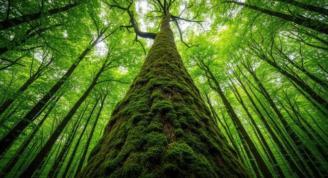 Vertical tilt shot ascending a thick moss-covered tree bark leading to a breathtaking wide view of the lush green canopy in a deep woodland, wilderness, upward, flora