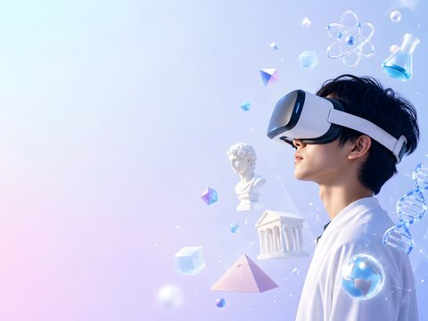 Student in VR headset learning science and history virtually