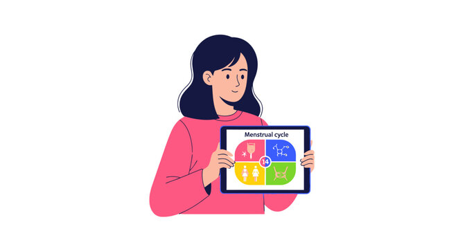 Woman Holding Tablet Showing Menstrual Cycle Diagram for Reproductive Health Tracking and Education Illustration